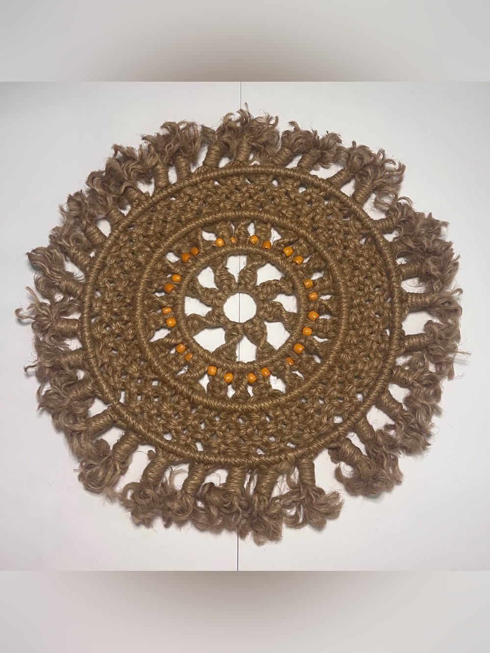 Rustic Brown Jute Wall Tapestry/Center Piece with Orange Bead Accents
